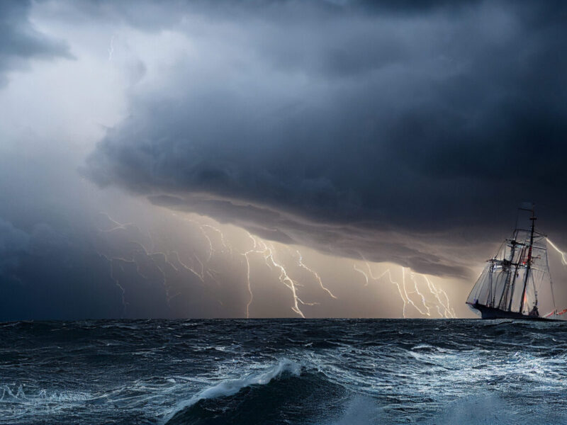 Storm over the sea with lightning and sailboat. 3d illustration